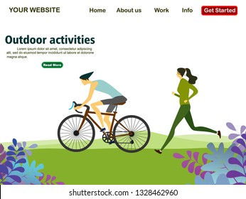 Web page template with bicycle riding man and girl is jogging . Park, forest, and hills on background. Outdoor activities. Banner, site, poster template with place for your text. Vector -illustration