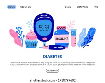 Web page template with big cupcake, glucometer, insulin pen, bottle, test tube, leaves. Diabetes. Landing page concept. Modern flat doodle vector background.