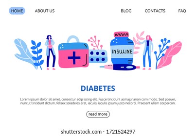 Web page template with big first aid kit, pills blister, insulin bottle, pen, leaves, small people. Diabetes. Landing page concept. Modern flat doodle vector background.
