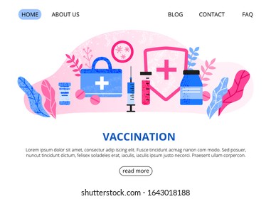 Web page template with big medical syringe, pills, shield, virus, leaves. Time to vaccination. Landing page concept. Modern flat vector background.