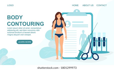 Web page template for body contouring treatments with woman in bikini and medical icons, colored vector illustration