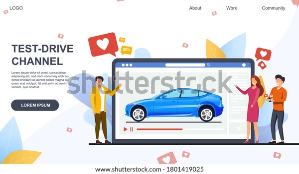 Web page template for a car\
test-drive channel allowing customers to view the vehicle online\
showing a family in love with a blue sedan, colored vector\
illustration