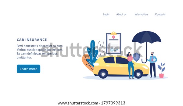 Web page template for car and\
transport insurance agency with people standing near a car, flat\
vector illustration. Business website of insurance services\
design.