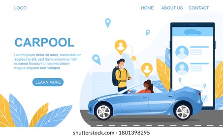 Plantilla de página web para un concepto de Carpool que comparte transporte privado con una mujer que recoge a un hombre con mochila y aplicación en línea, ilustración vectorial de color