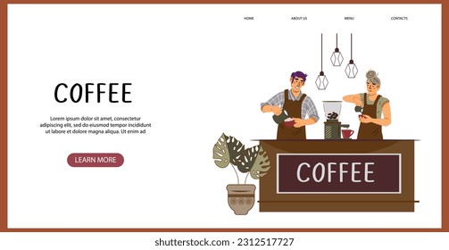 Web page template for Coffee shop or cafe-bar with baristas characters. Flat vector illustration for social media post or web banner, website header.