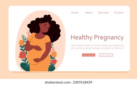 Web page template concept of pregnancy and motherhood. Healthy pregnancy banner. Beautiful pregnant black woman hugs her belly. Vector illustration in cute cartoon style.
