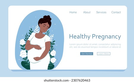 Concepto de plantilla de página web sobre embarazo y maternidad. Pancarta de embarazo saludable. Hermosa mujer negra embarazada abraza su vientre. Ilustración vectorial al estilo de las tiras cómicas.