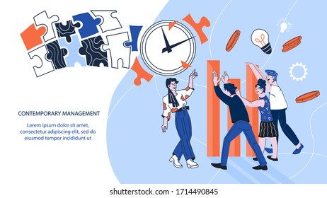 Plantilla de página Web de administración contemporánea de tecnología empresarial y administración financiera. Estrategia comercial de marketing, trabajo en equipo y gestión del tiempo. Ilustración vectorial de dibujos animados.