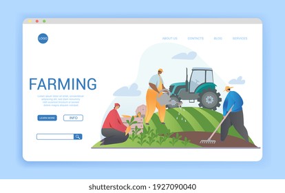 Web page template design for agriculture and agronomy showing farmhands planting crops and working the fields with tractor, colored vector illustration