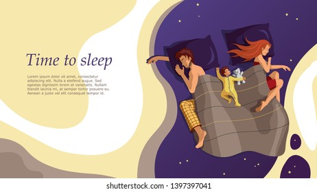 Web page template for family sleeping, young and friendly family, restful sleep, serenity. Vector illustration concept for website development and mobile sites.