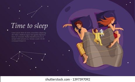 Web page template for family sleeping at night, young and friendly family, restful sleep, serenity. Vector illustration on the dark background for website development and mobile sites.