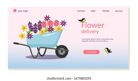 Página Web de entrega de flores de plantilla, página de inicio. Corredor de ruedas con flores de primavera, pájaros. Gráficos vectoriales.