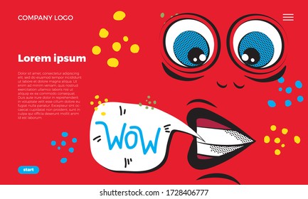 Web page template. Funny emoji face with ductile facial expressions. With place for text in a bubble. Funny doodle. Vector templates web design.