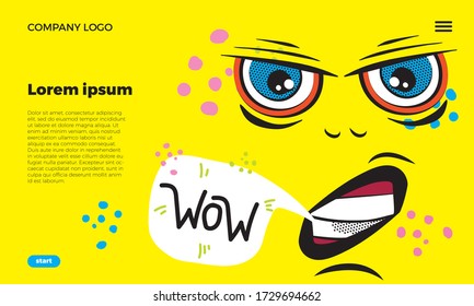 Web page template. Funny emoji face with ductile facial expressions. With place for text in a bubble. Funny doodle. Vector templates web design.