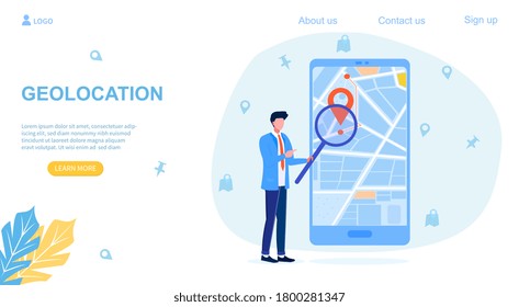 Web page template for Geolocation with a man with magnifying glass looking at a map on a digital device, colored vector illustration