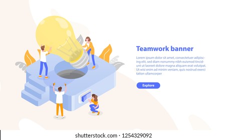 Web page template with group of people putting giant lightbulb into light fixture and place for text. Teamwork or collective work. Colorful isometric vector illustration for advertisement, promotion.