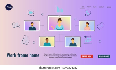 Web page template with group of people talking by internet. Distance working and learning, online meeting, video conferencing, communication concept. Vector illustration.