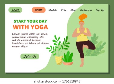 Web page template for Home yoga online classes. Beautiful overweight girl doing asana tree. Body positive. Stock modern flat illustration for landing page. Website design easy to edit and customize.