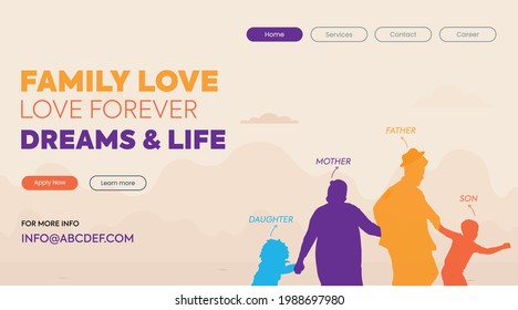 web page template for insurance company. insurance concept web page, protect family. happy family. Father, mother, son and daughter holding hands of each other. silhouette portrait of family. 