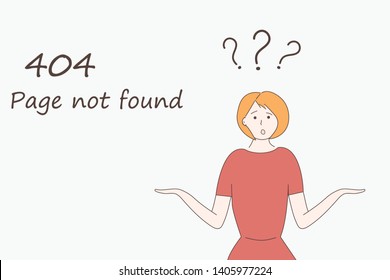 Web page template for Internet site: 404 page not found.A girl in red dress shrugs with naive curious funny face and arms apart. Three question marks above his head.Vector.Hand drawn