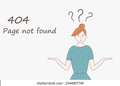 Web page template for Internet site: 404 page not found.Cute girl in blue dress with polka dots shrugs with naive curious funny face and arms apart.Three question marks above head.Vector.Hand drawn