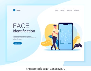 Web page template, landing page. Vector illustration of smartphone scans a person face. Flat concept of young man using mobile app for facial recognition. Biometric identification.