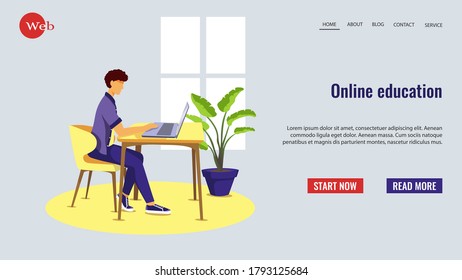 Web page template with man learning at home. Online education, e learning, courses concept. Vector illustration for website development, banner and poster.