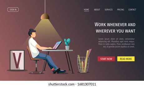 Web page template with man working or learning at the table. Freelance, work at home, online job, home office, e-learning concept. Vector illustration for poster, banner, website, advertisement.