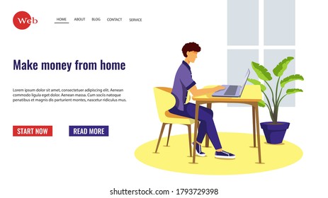 Web page template with man working at home. Work at home, freelance, home office, online job concept. Vector illustration for website development, banner and poster.