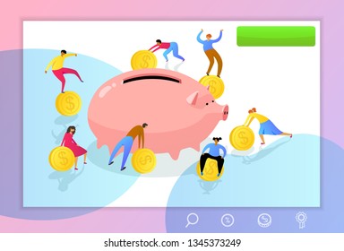 Web page template with managers making money. Concept with people collecting money to the pigggy bank. Vector illustration for business teamwork themes,  mobile app, banner, ui and ux design.
