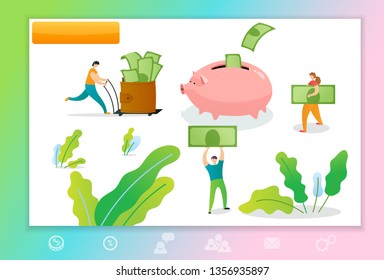 Web page template with managers making money. Concept with people collecting money to the pigggy bank.  Vector illustration for business teamwork themes,  mobile app, banner, ui and ux desig