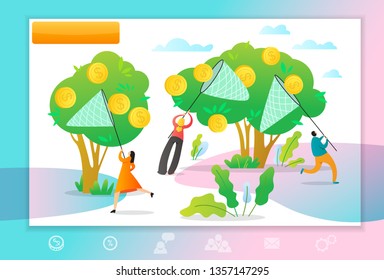 Web page template with managers making money. Concept with People with nets pick coins from the money tree. Vector illustration for business teamwork themes,  mobile app, banner, ui and ux design.