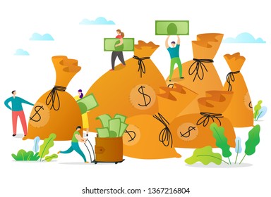 Web page template with managers making money. Concept with people collecting money to the bags.  Vector illustration for business teamwork themes,  mobile app, banner, ui and ux desig