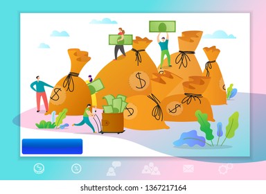 Web page template with managers making money. Concept with people collecting money to the bags.  Vector illustration for business teamwork themes,  mobile app, banner, ui and ux desig