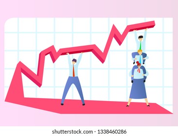 Web page template with managers support finance curve. Concept with growth chart for mobile app, banner, ui and ux design. Vector illustration for business teamwork themes. 