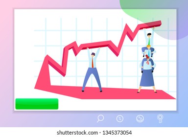 Web page template with managers support finance curve. Concept with growth chart for mobile app, banner, ui and ux design. Vector illustration for business teamwork themes. 