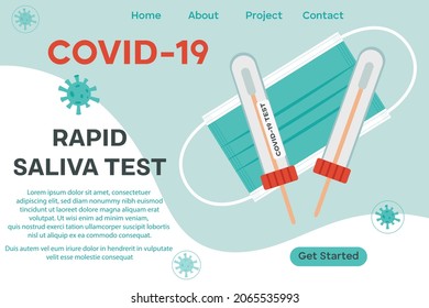 Web page template for medical center, laboratory. Rapid saliva test for coronavirus COVID 19. Test tube for saliva, nose, medical mask, coronavirus icon. Vector illustration