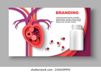 Web page template medical product for heart treatment branding design. Vector mockup to ads, cover, poster for health care. Drugs for cardiovascular diseases therapy promotion illustration