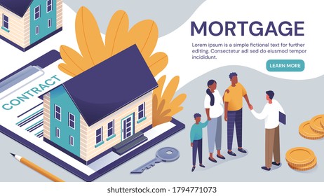 Web page template for a mortgage contract or application with a young family buying a house from an agent and copyspace for text, colored vector illustration