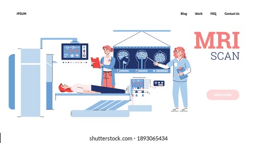 Plantilla de página web para diagnóstico medial de resonancia magnética, ilustración vectorial de dibujos animados planos. Diagnóstico de enfermedades corporales humanas con escáner de resonancia magnética y diagnóstico por computadora.