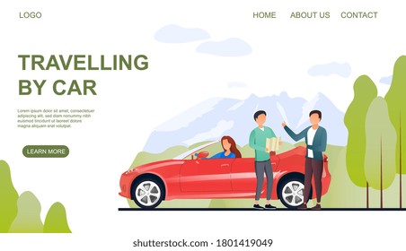 Web Page Template On Travelling By Car With A Man Asking A Local Person For Directions In The Countryside, Colored Vector Illustration