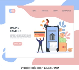 Web page template of online banking concept. Modern flat design concept of web page design for website and mobile website. Man and woman in front of a phone. Vector illustration