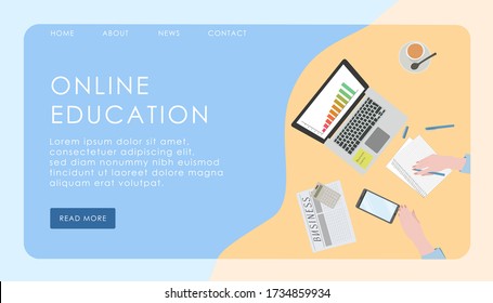 web page template for online education on the table there is a laptop with a graph, a calculator, a business newspaper, coffee, hands lie on a notebook and hold a pen
