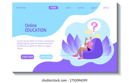 Web page template for online education and e-learning. The girl studies and solves the task. Stock modern flat illustration concept for landing page. Website design easy to edit.
