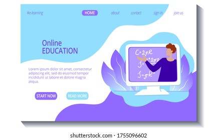 Webseitenvorlage für Online-Bildung und E-Learning. Der Lehrer hält einen Vortrag in einem Online-Unterricht. Modernes Flachbildkonzept für die Landung. Website-Design leicht zu bearbeiten.