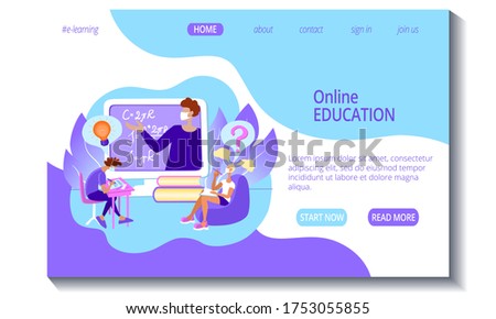 Web page template for online education and e-learning. Teacher and students in an online classroom. Stock modern flat illustration concept for landing page.