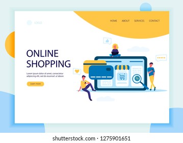 Web page template of online shopping. Little people use laptop and smartphone for internet shopping. Flat design concept of landing page for website and mobile website. Vector illustration