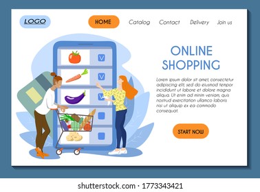 Web page template for online shopping site. Young couple chooses products on the smartphone screen. Food basket and shopping list. Stock vector flat illustration for landing page design.