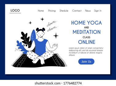 Plantilla de página web para clases de yoga y meditación en línea. La chica está meditando en la posición del loto. Concepto moderno de ilustración plana para la página de aterrizaje. Diseño del sitio web fácil de editar y personalizar.