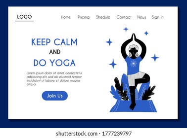 Web page template for online yoga and meditation. Girl is doing tree asana relaxation exercise. Stock modern flat illustration concept for landing page. Website design easy to edit and customize.